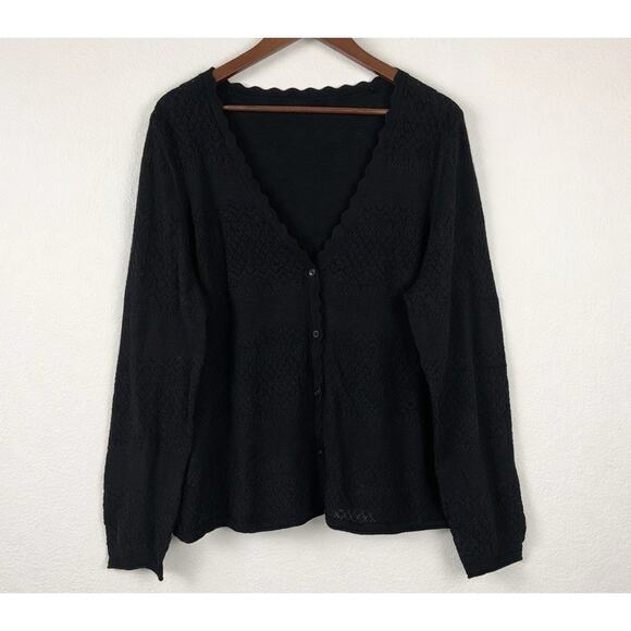 Frye Black Cotton Open Knit Cardigan Scalloped Edge Button Front XXL - Picture 4 of 10